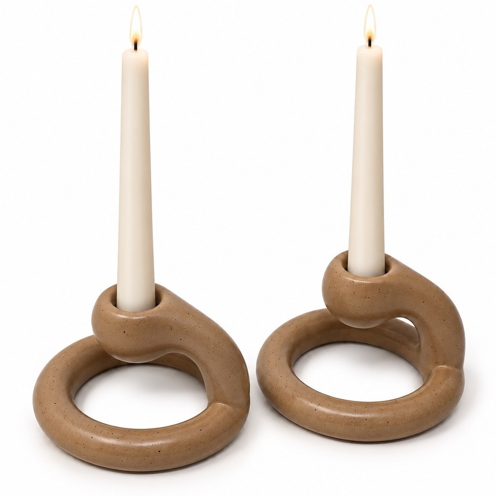 Sculptural Ceramic Candle Holders Pair Tan MCM Minimalist Organic Modern Vintage